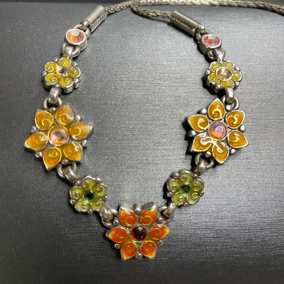 Vintage Retired Brighton Enamel Flowers & Ab Rhinestones 16-19” Necklace 1 owner - Picture 7 of 8